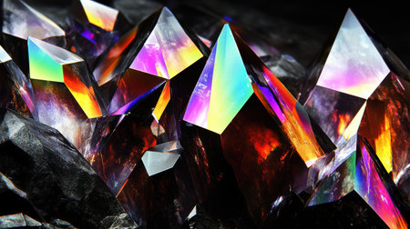 A detailed close-up of shimmering crystals embedded in a rugged rock surface,.の素材