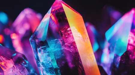 A vibrant assortment of colorful crystals displayed on a table surface,.の素材