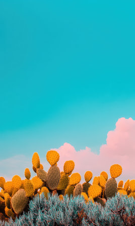 Yellow cacti thrive in a desert landscape under a clear blue sky,.の素材