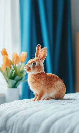 A small rabbit sits on a bed beside a vase filled with colorful flowers,.の素材