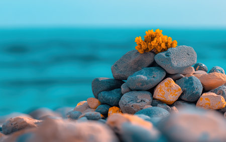 A stack of rocks featuring a vibrant yellow flower perched on top,.の素材