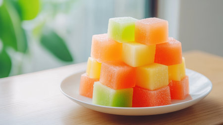 A plate filled with fresh watermelon cubes rests on a wooden table,.の素材