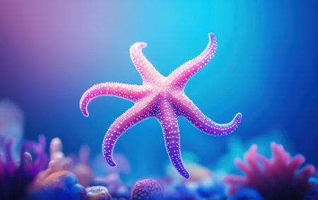Purple starfish rests on coral in a vibrant blue sea filled with clear water,.の素材