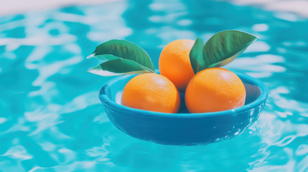 Three oranges are placed in a blue bowl floating on the water,.の素材