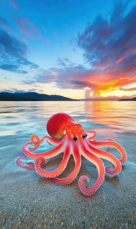 An octopus rests on the beach under a beautiful sunset sky,.の素材
