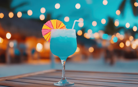 A refreshing blue drink with a straw and umbrella rests on a table,.の素材