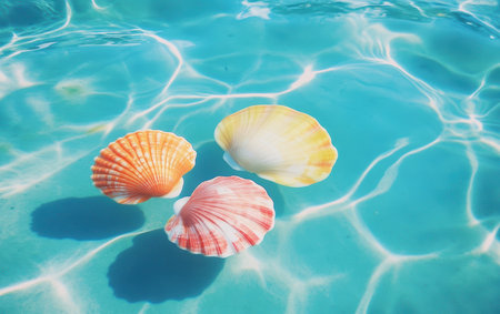Three shells float gracefully in a tranquil pool of water against a calming blue background,.の素材