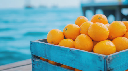 A wooden crate filled with fresh oranges sits atop a table,.の素材