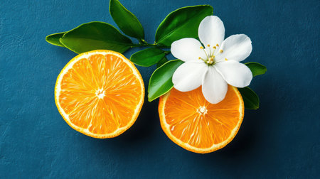 Two oranges adorned with leaves and a flower, showcasing nature's vibrant colors,.の素材
