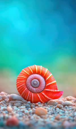 A shell rests on sand, set against a vibrant green backdrop,.の素材