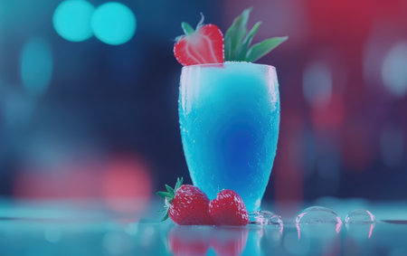 A blue drink featuring strawberries sits on a table, highlighted by a fresh strawberry garnish,.の素材