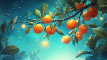 A vibrant painting depicting oranges hanging from a leafy tree branch,.の素材