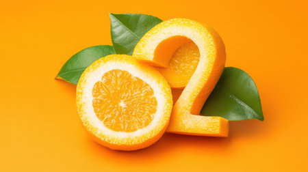 Half an orange with green leaves showcasing vibrant color and freshness,.の素材