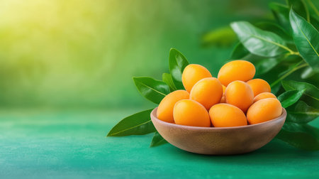 A bowl of vibrant oranges rests on a green table surface,.の素材