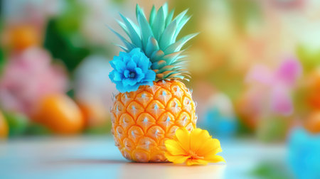 A pineapple topped with a vibrant flower creates a unique tropical display,.の素材