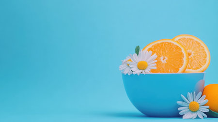 A blue bowl contains oranges and daisies, creating a vibrant and fresh display,.の素材