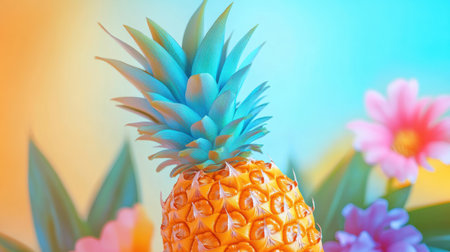 A pineapple rests on a table adorned with vibrant flowers,.の素材