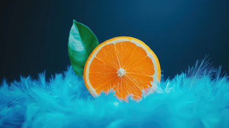 An orange rests atop a vibrant blue feather, creating a striking visual contrast,.の素材