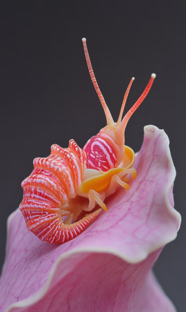 A snail moves slowly on a pink flower featuring a yellow stripe,.の素材