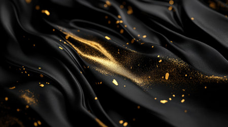 Close-up of elegant black and gold cloth adorned with shimmering gold dust,.の素材