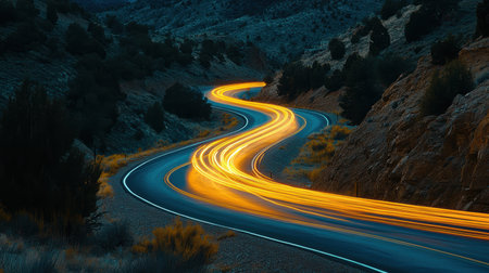 Aerial view of a winding road surrounded by mountains under a clear sky,.の素材