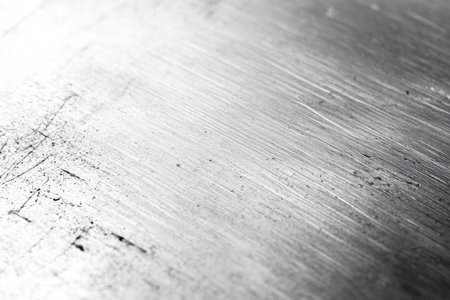 A detailed view of a scratched metal surface showcasing wear and texture,.の素材