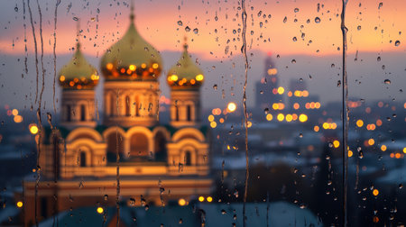 Aerial view of a church seen through a rain-drenched window,.の素材