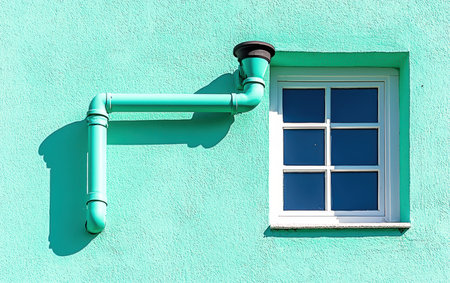 Green building featuring a window and a green pipe.,の素材