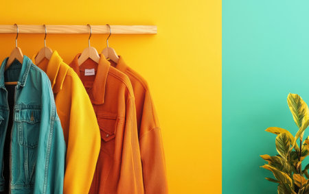 Three jackets hang on a rack beside a green plant.,の素材