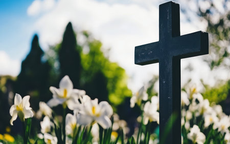 A cross stands amidst colorful flowers under a blue sky.,の素材