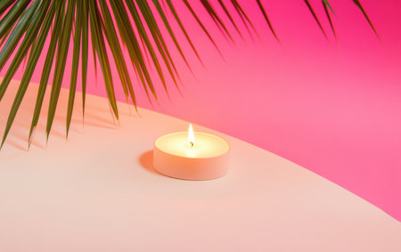 A lit candle rests on a table, casting a warm glow in the surroundings.,の素材