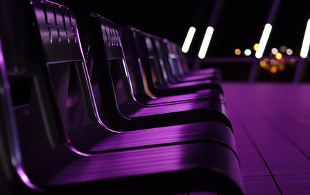 Purple benches illuminate a sidewalk, creating a vibrant scene at night.,の素材