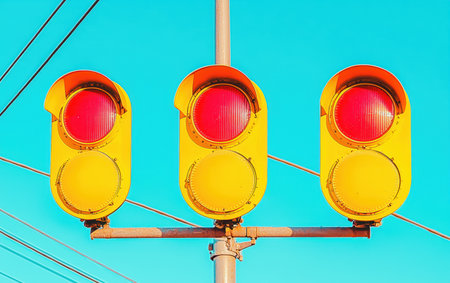 Three traffic lights mounted on a pole with wires in the background.,の素材