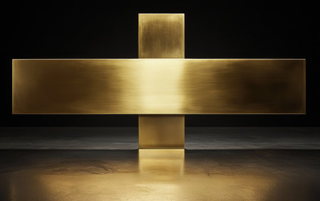 A gold cross illuminated against a black background creates a striking visual contrast.,の素材