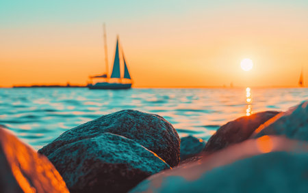 A distant sailboat glides gracefully across the shimmering water.,の素材