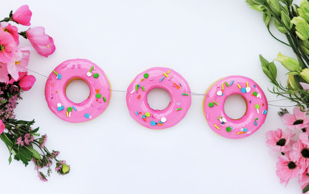 Three pink donuts topped with sprinkles and flowers on a clean white surface.,の素材