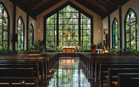 Aerial view of a church featuring a prominent cross on the altar, symbolizing Easter faith.,の素材