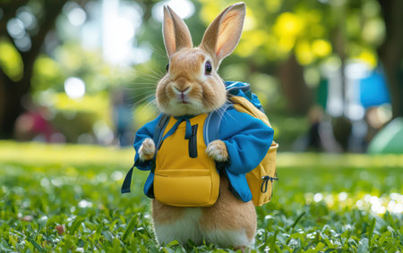 A rabbit with a backpack sits in the grass, symbolizing Easter's playful spirit and adventure.,の素材