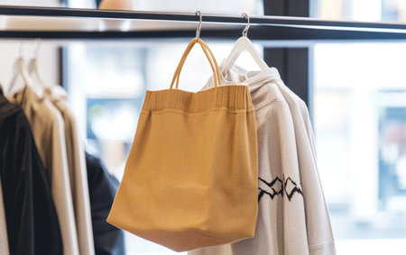 A yellow bag is displayed on a clothes rack in a retail store setting.,の素材