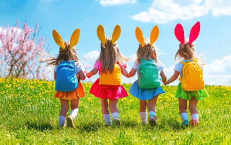 Three girls in bunny ears joyfully stroll through a vibrant field during Easter celebrations.,の素材