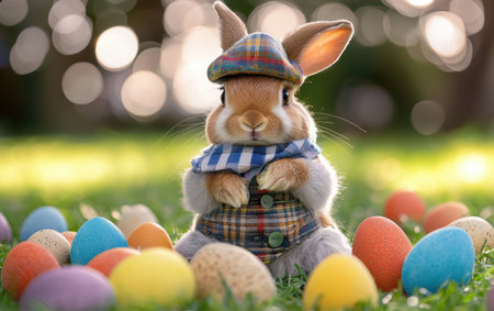 A rabbit sits in grass surrounded by colorful Easter eggs.,の素材