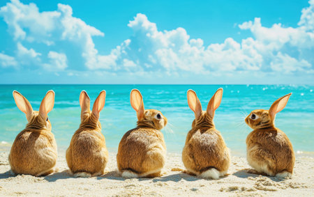 Three rabbits enjoy a relaxing moment on the beach, gazing at the vast ocean waters.,の素材
