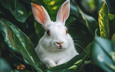 A white rabbit sits peacefully in a green bush, embodying the spirit of Easter.,の素材
