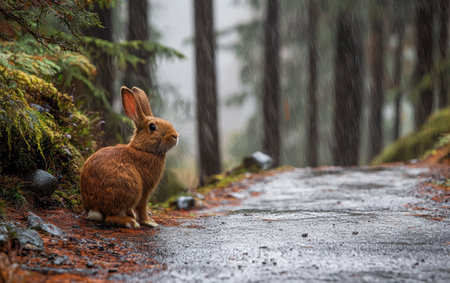 A rabbit rests by the roadside under the rain, capturing a serene moment in nature.,の素材