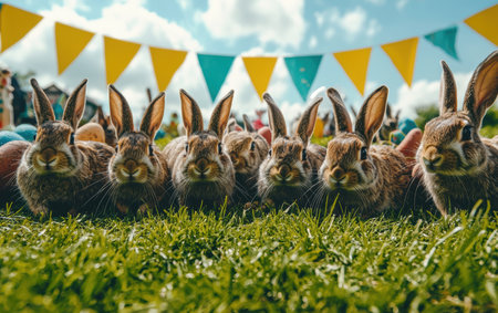 A row of adorable rabbits sitting on lush green grass, perfect for Easter celebrations.,の素材