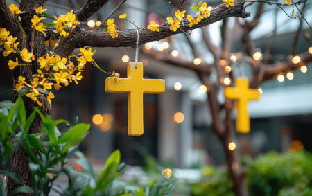 Yellow crosses adorn a tree, surrounded by vibrant yellow flowers, celebrating Easter's spirit.,の素材