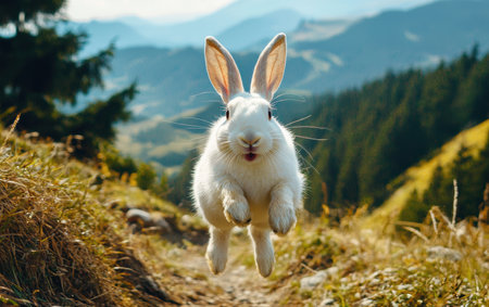 A playful white rabbit leaps joyfully up a grassy hill, celebrating the spirit of Easter.,の素材