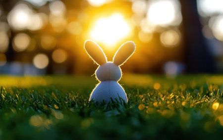 A cute stuffed animal nestled in the grass, perfect for an Easter-themed scene.,の素材