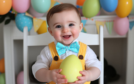 Baby holds a bright yellow egg, celebrating the joy of Easter.,の素材