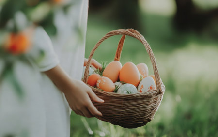 A woman holds a basket filled with colorful eggs amidst the green grass, celebrating Easter joyfully.,の素材